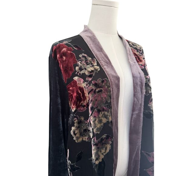 Mystree Large Floral Velvet Dark Gray Blue Kimono Ruana Wrap Open Cardigan - Picture 5 of 8